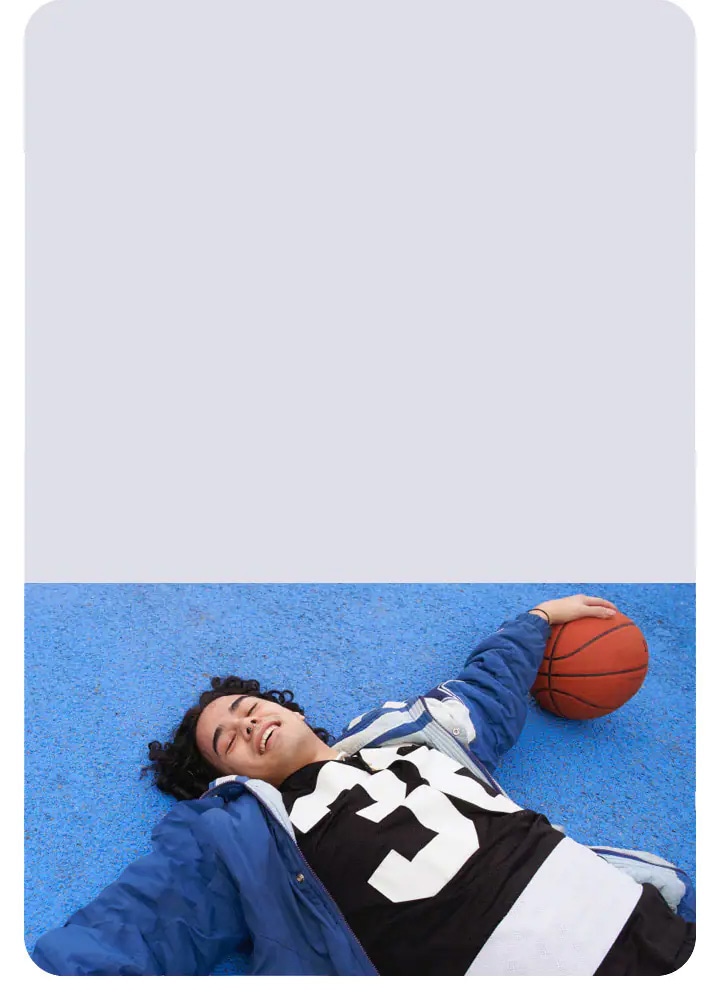 a split image showing a basketball on a court and a Tab s9 on a table with some galaxy buds  on the side.